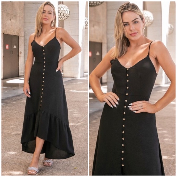 Dresses & Skirts - SOLD OUT Black Solid High Low Button Front Maxi Sleeveless Summer Casual Dress